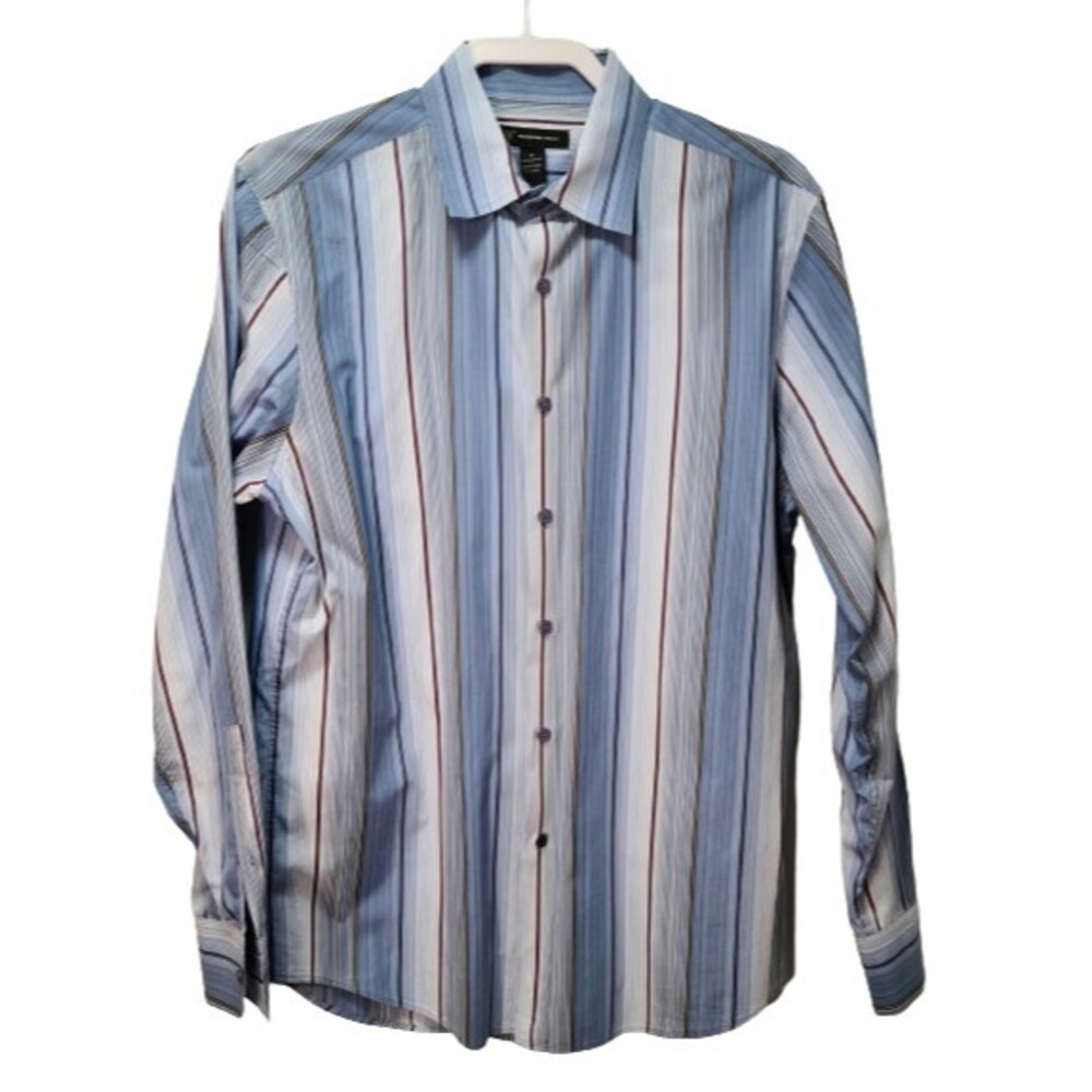 INC Men's Striped Button Down Shirt Long Sleeve Cotton Blue White Red Size M EUC